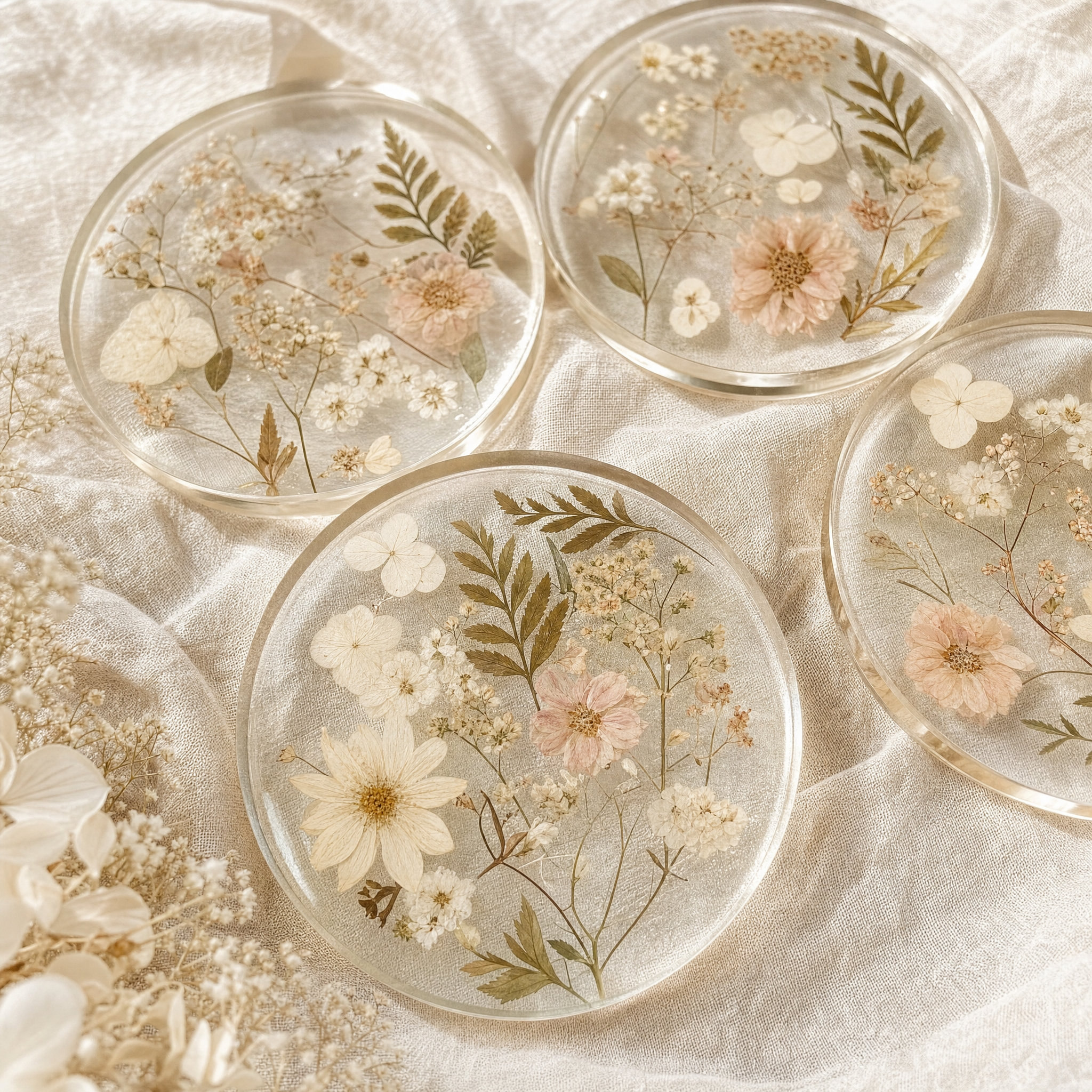Close-up of pressed-flower resin coasters flat-lay