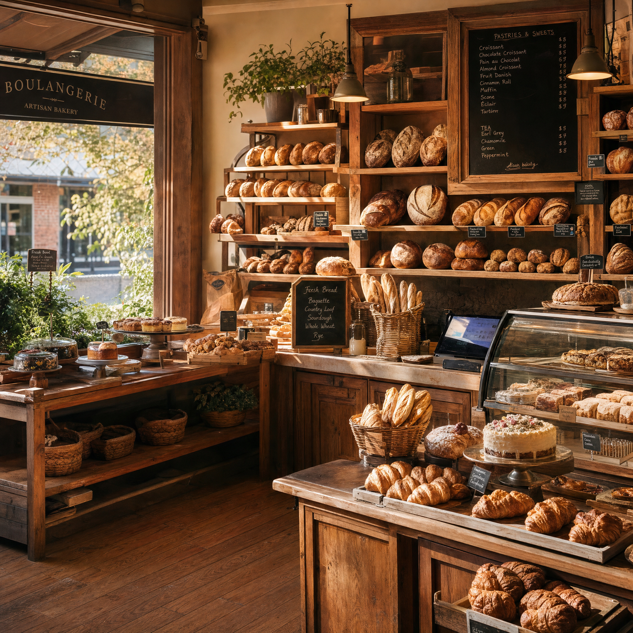 Warm cozy bakery with fresh bread and pastries