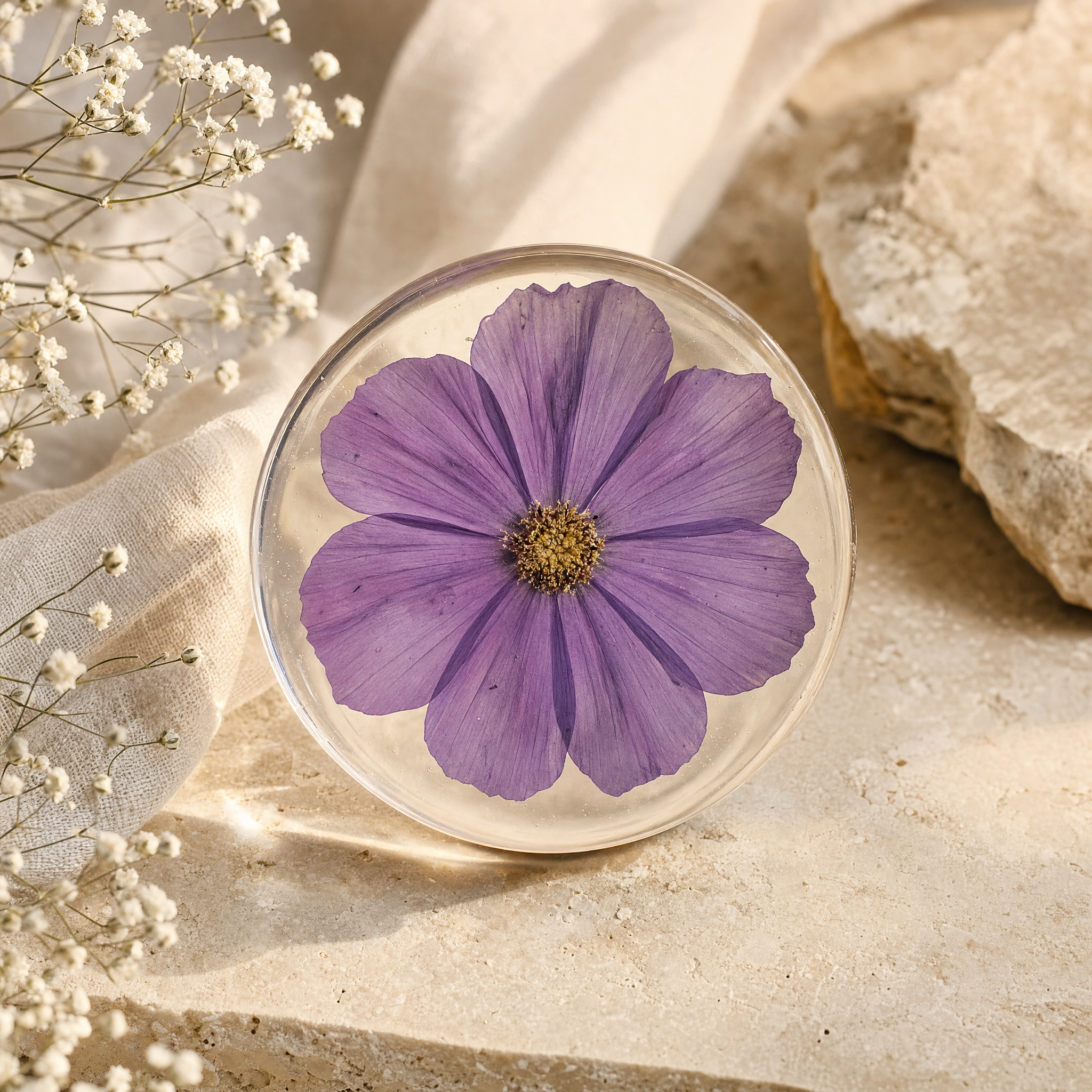Violet cosmos preserved in a round resin disc on limestone