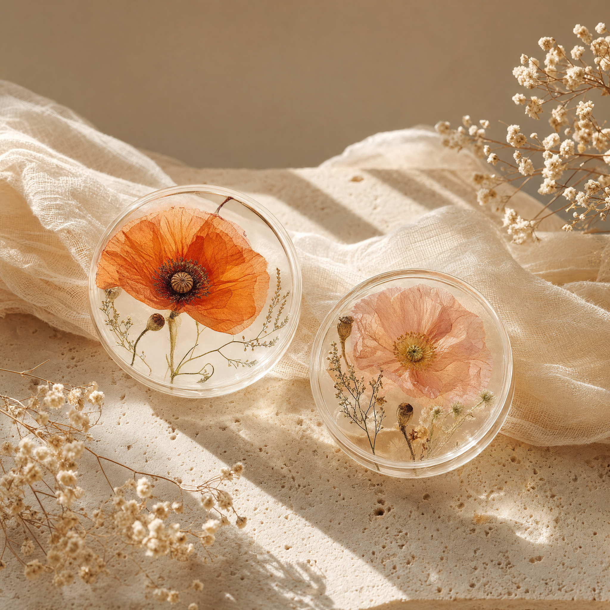 Two resin discs with coral poppy and blush flowers