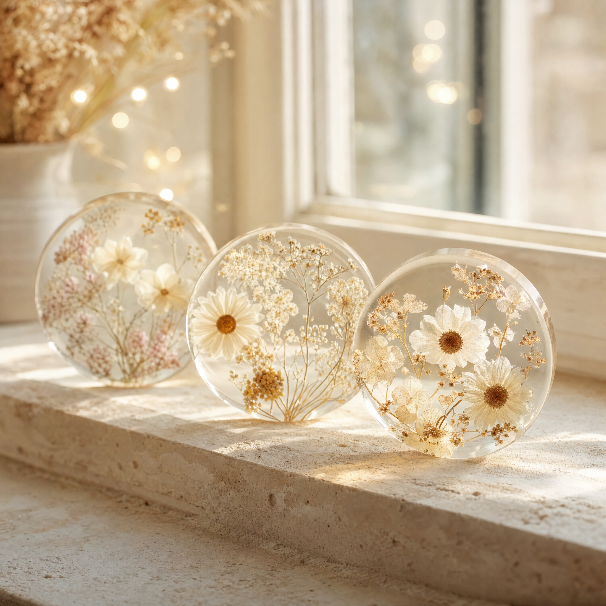 Resin discs on a cream limestone windowsill in morning light