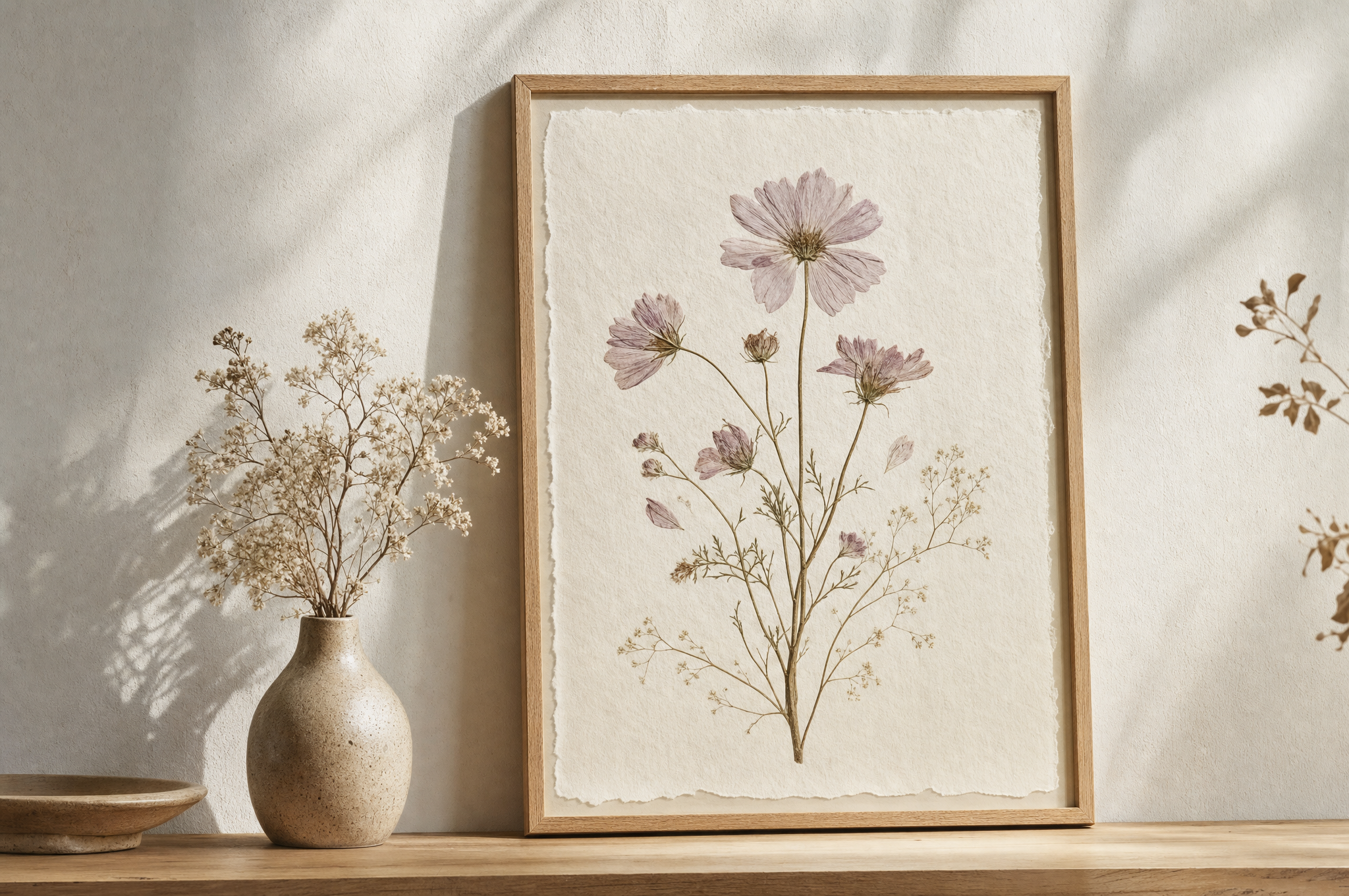 Framed pressed botanical art hanging in a styled interior