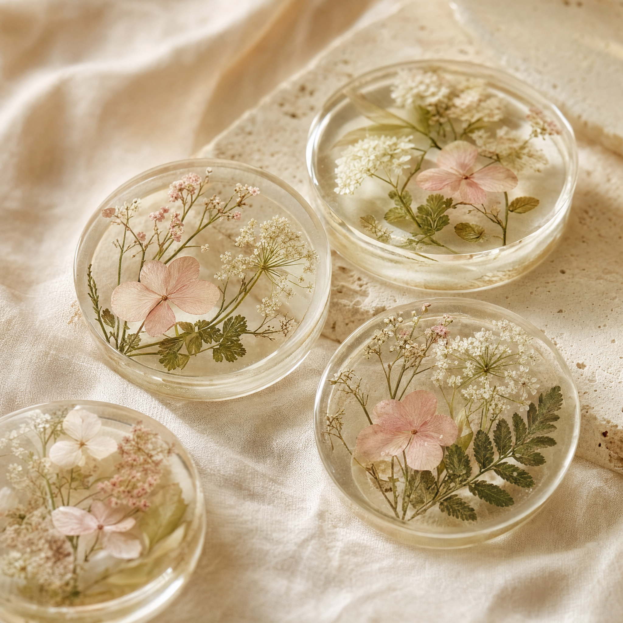Round translucent resin discs with blush and white preserved flowers on ivory linen